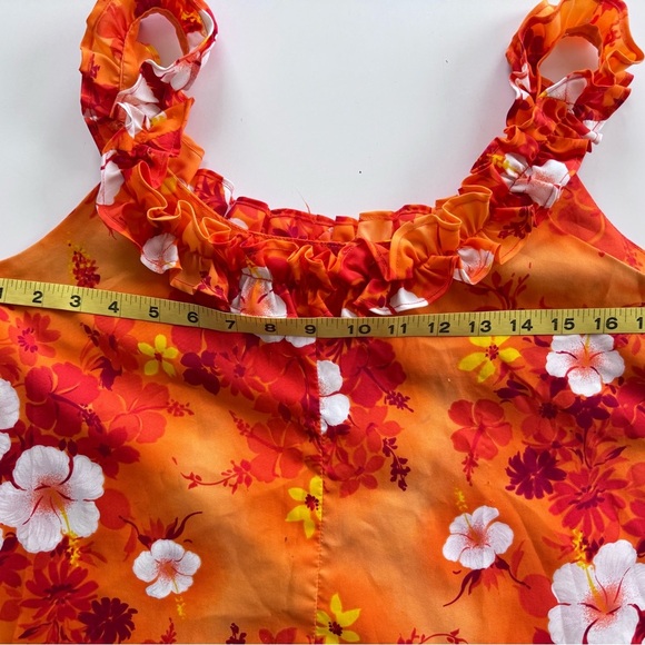 Vintage 70s Hukilau Paradise Hibiscus Floral Red Orange Ruffle Hawaiian Dress - Picture 8 of 10